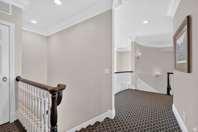 714 Draper Heights Way Draper, UT 84020 - Photo 61 of 88 Stairs with ornamental molding, carpet flooring, and recessed lighting
