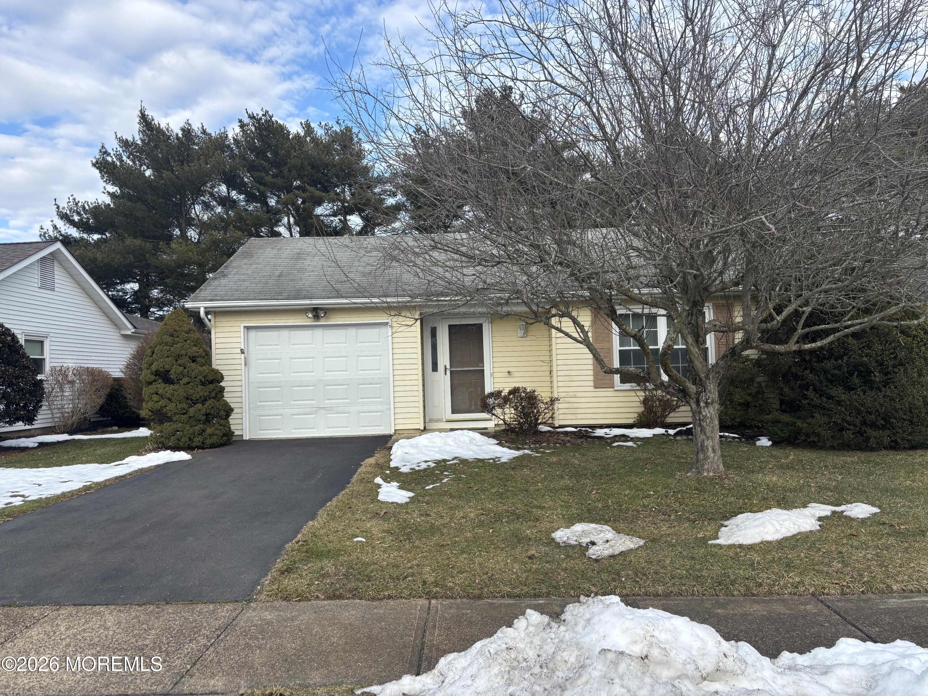 a view of a house with backyard and a tree