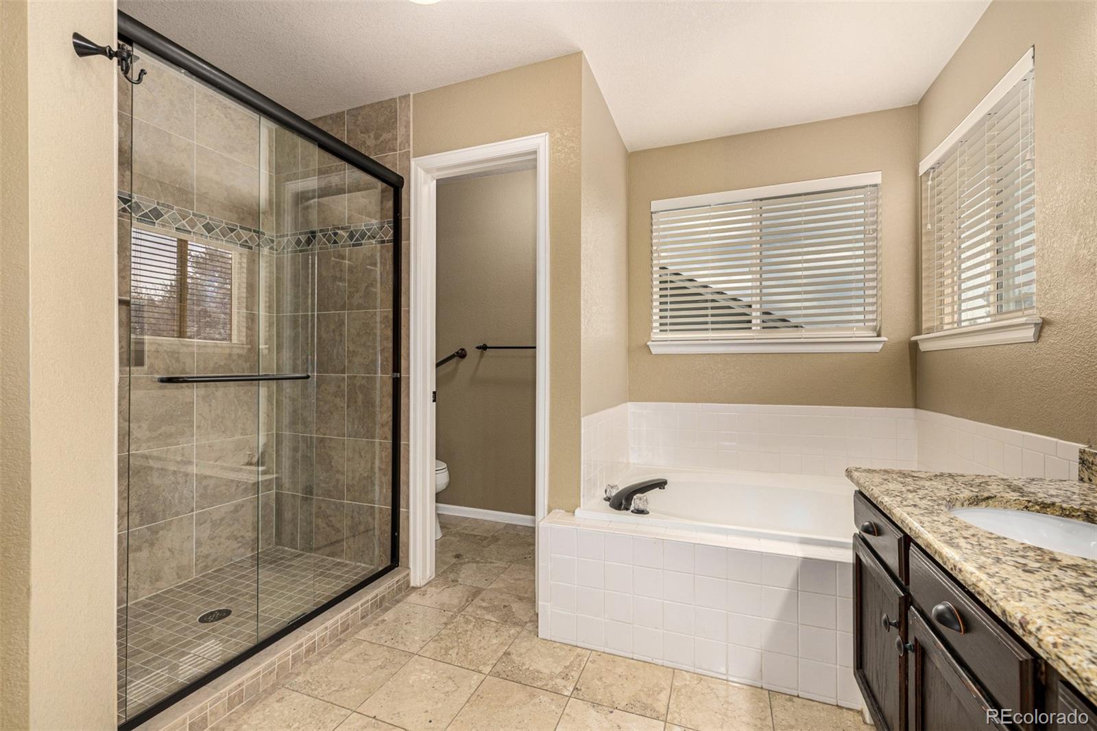 10244 Royal Eagle Street Highlands Ranch, CO 80129 - Photo 25 of 46 a bathroom with a granite countertop bathtub a shower and sink