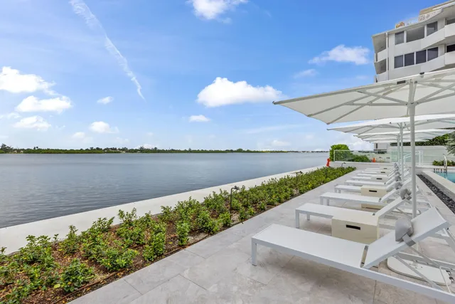 a view of a patio with table and chairs potted plants and palm tree