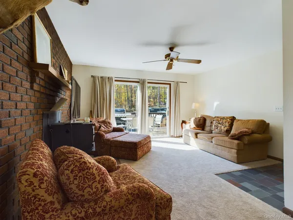 a living room with furniture gym equipment and a ceiling fan
