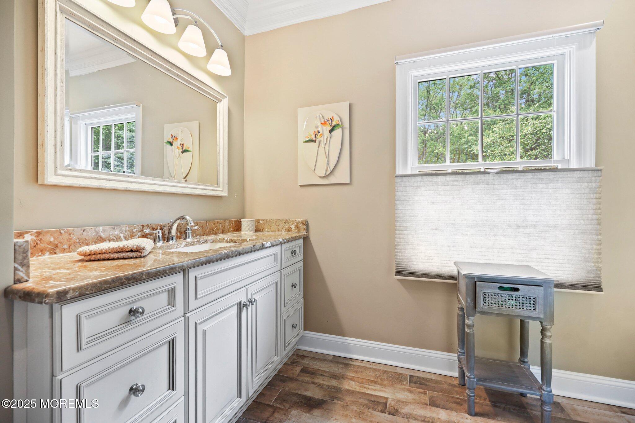 4 White Pines Way Freehold, NJ 07728 - Photo 52 of 66 a bathroom with a granite countertop sink and a window
