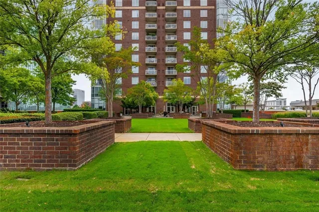 a garden view with a seating space