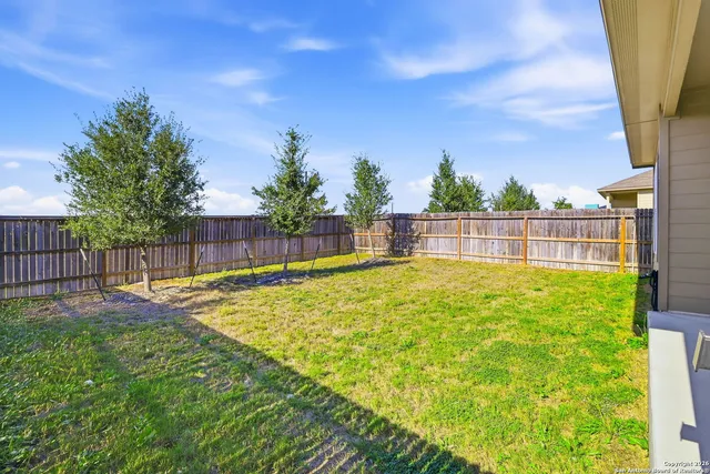 a view of a backyard with a tree and wooden fence