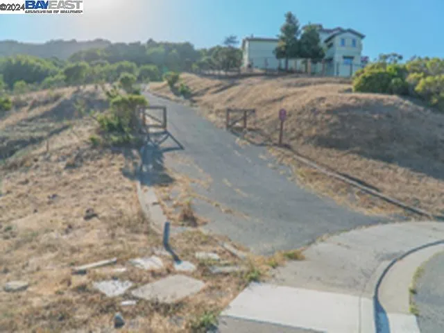 a view of a dry yard with wooden fence