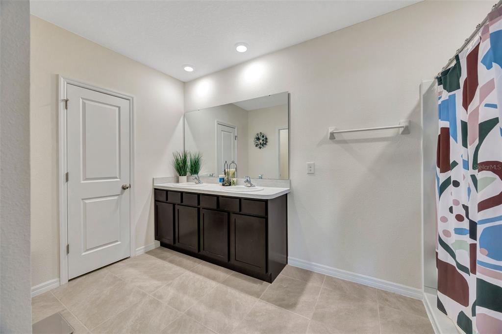 5758 Hollingworth Trail Wesley Chapel, FL 33545 - Photo 15 of 33 a bathroom with a double vanity sink a mirror and shower
