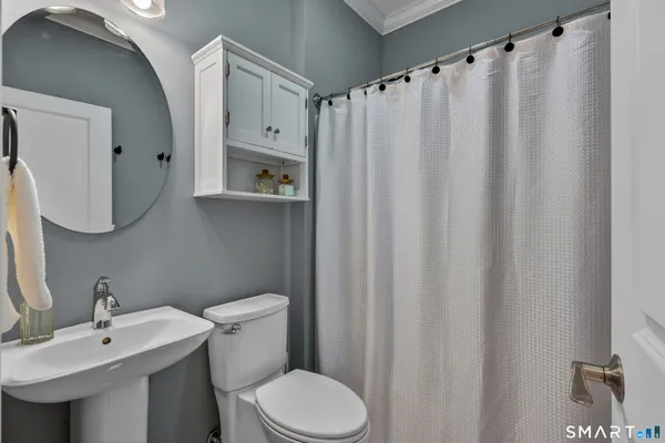 a bathroom with a sink a toilet and shower curtain