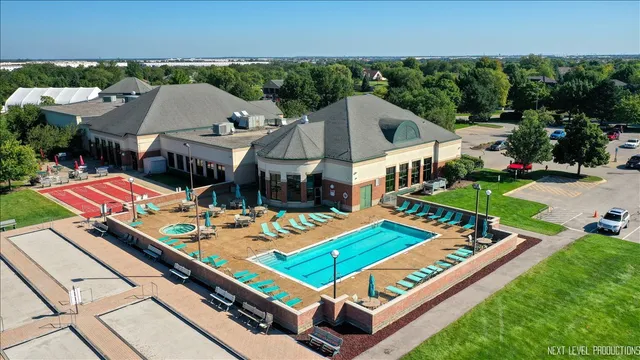 an outdoor space with furniture
