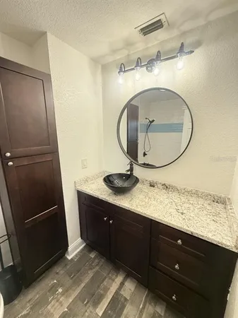 a bathroom with a granite countertop sink a mirror and shower