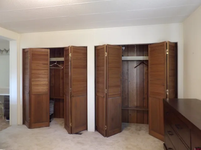 an empty room with closet and wooden door