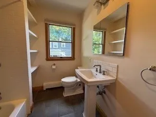 a bathroom with a sink a toilet and a mirror