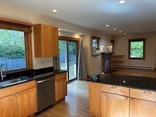 a kitchen with sink a window and stainless steel appliances