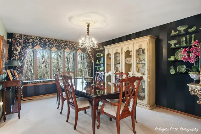 a view of a dining room with furniture window and outside view