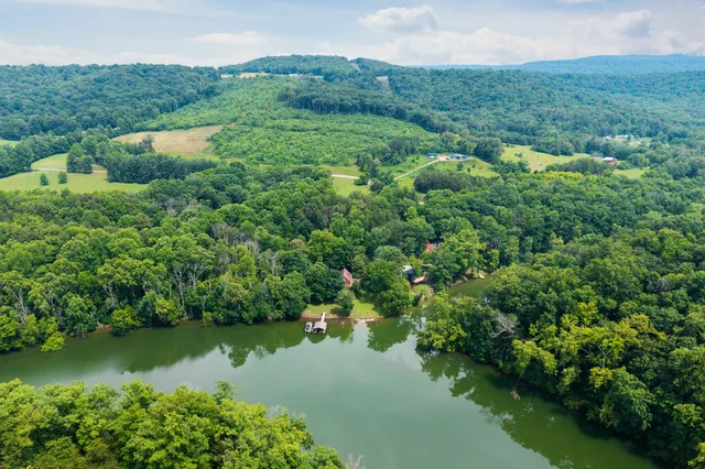 an aerial view of residential houses with outdoor space and trees around