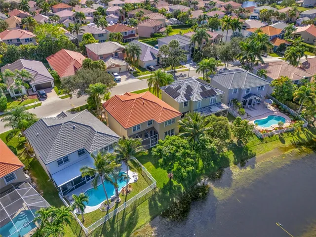 an aerial view of residential houses with outdoor space and street view