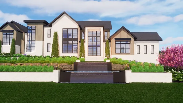 a front view of a house with a garden and plants