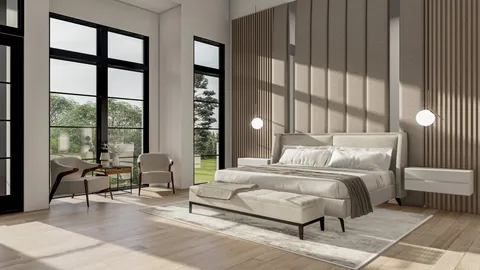 a view of a white house with a big yard and potted plants