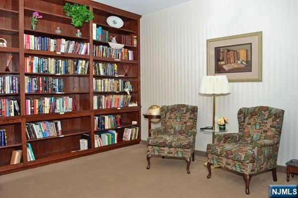 a living room with furniture and a book shelf