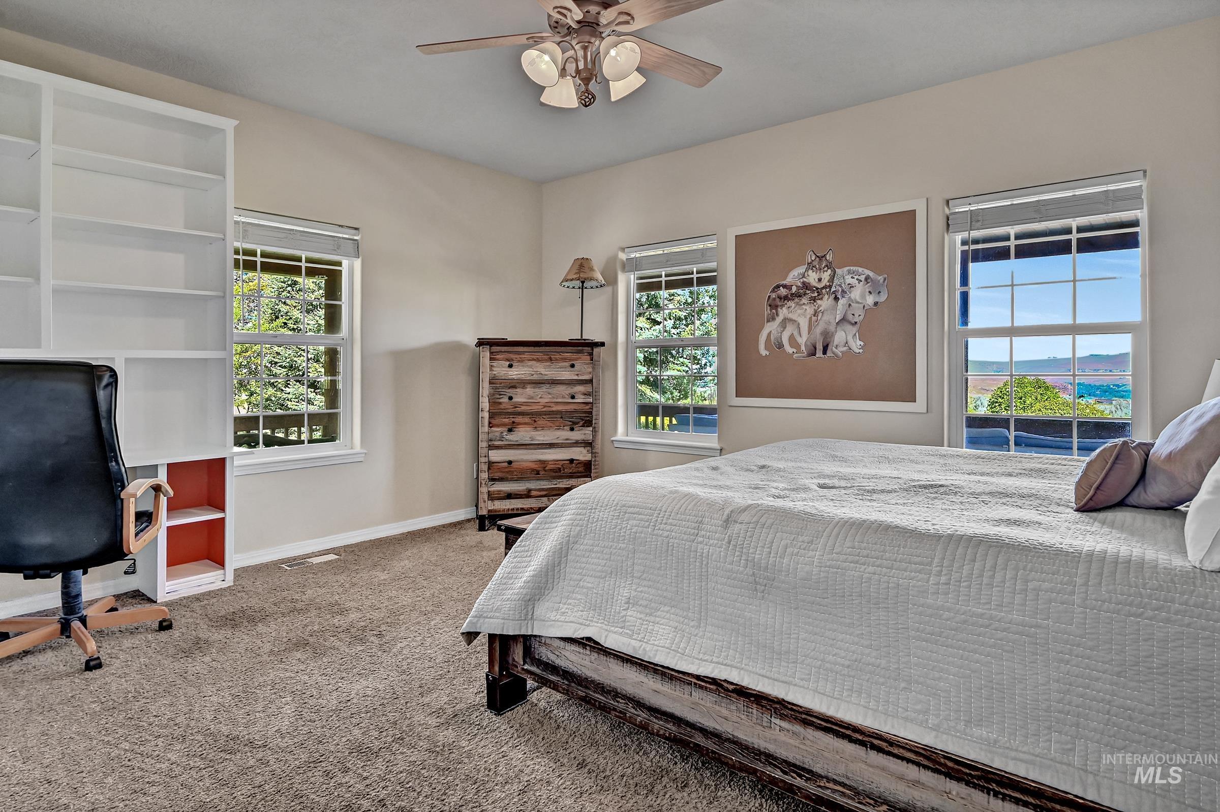 7213 East Columbia Road Boise, ID 83716 - Photo 25 of 47 Carpeted room featuring multiple windows with outdoor scenery, a built-in white bookshelf, and a ceiling fan with integrated lighting