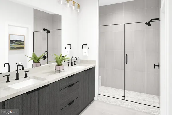 a bathroom with a double vanity sink mirror and shower