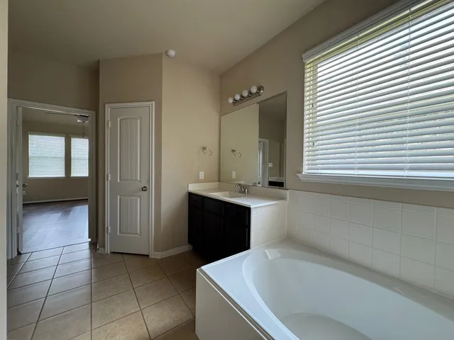 a bathroom with a tub sink and mirror