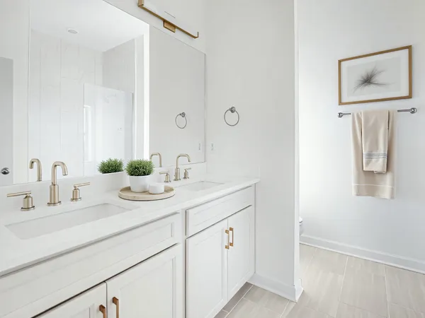 a bathroom with a double vanity sink and a mirror