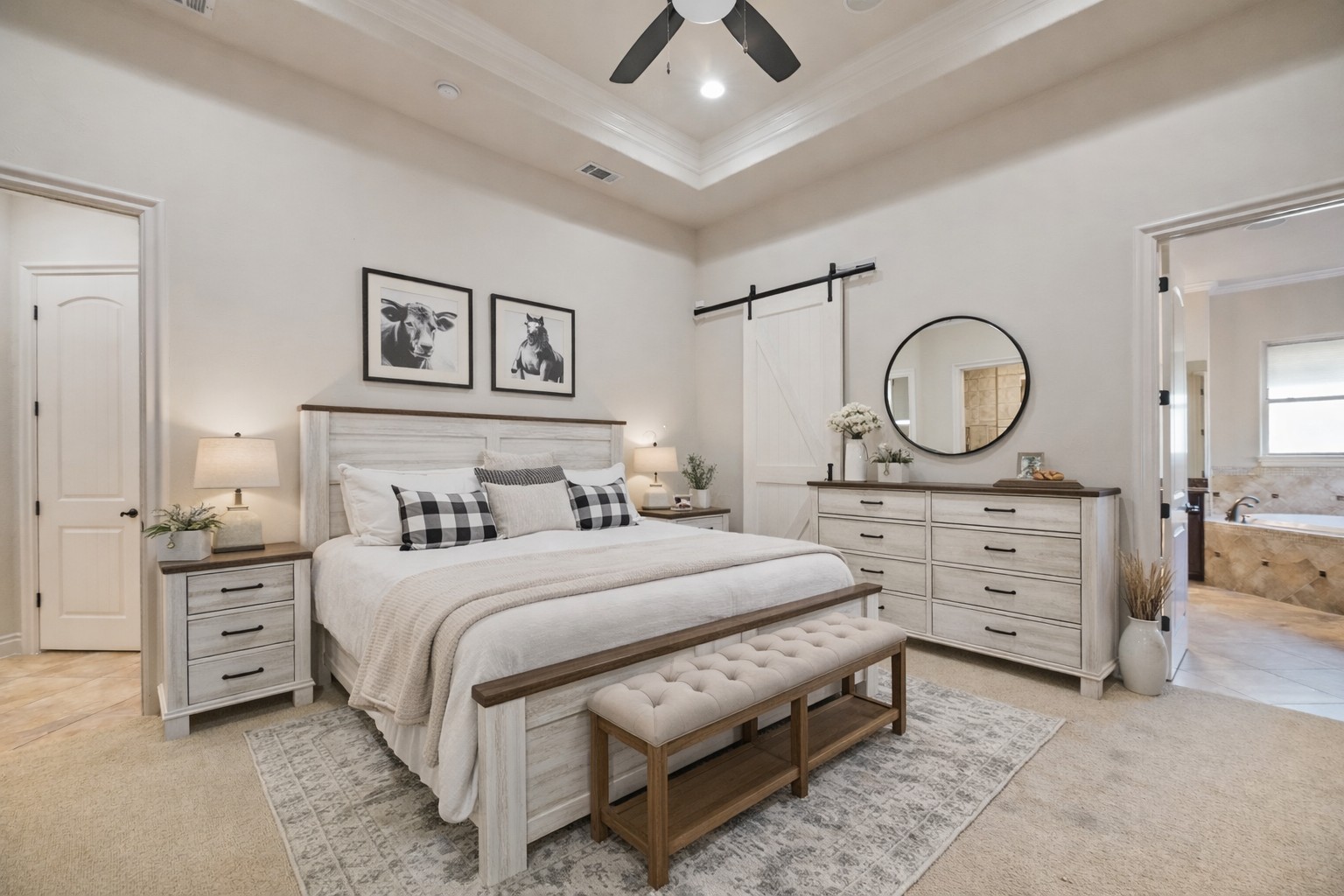 109 Ranchers Club Lane Driftwood, TX 78619 - Photo 11 of 19 Virtually Staged Primary Bedroom with light colored carpet, ornamental molding, a tray ceiling, and ceiling fan