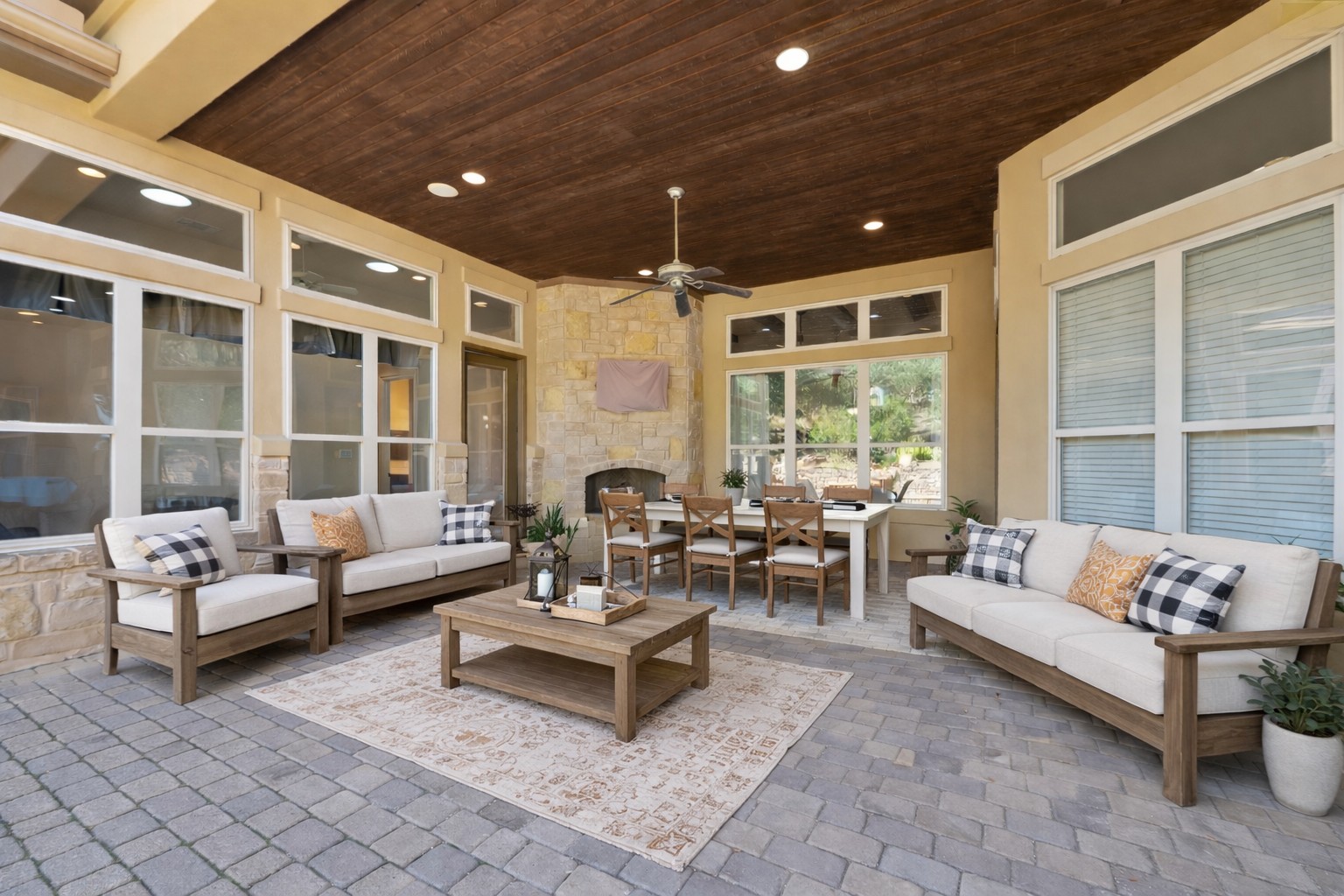 109 Ranchers Club Lane Driftwood, TX 78619 - Photo 15 of 19 View of patio with outdoor lounge area, outdoor dining area, and a ceiling fan