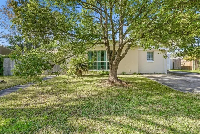 a view of a house with backyard and tree