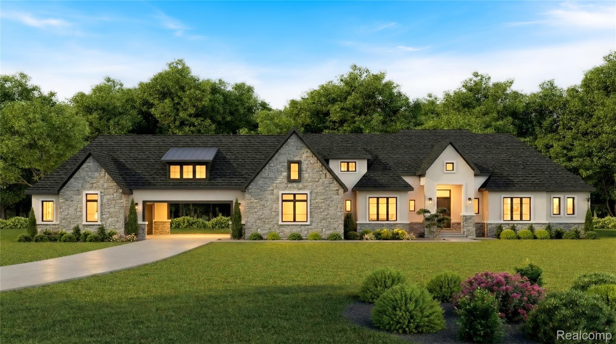 70413 Renata Court Romeo, MI 48065 - Photo 1 of 53 Contemporary ranch-style residence featuring a stone and stucco facade, a dark shingle roof, a prominent covered entry, and a three-car garage