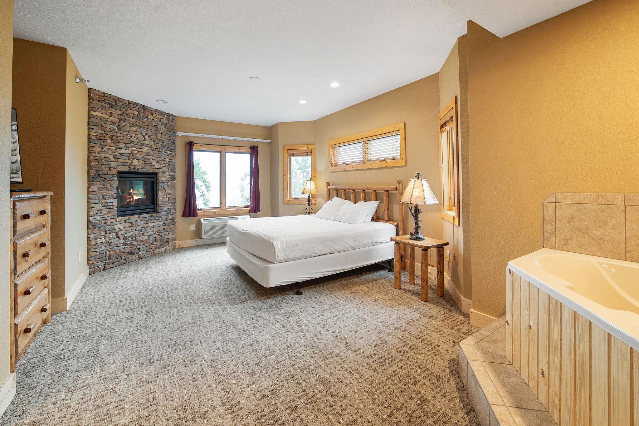 Two Burlington Road, Unit 5102 Two Harbors, MN 55616 - Photo 12 of 30 Bedroom with light carpet, a stone fireplace, and recessed lighting