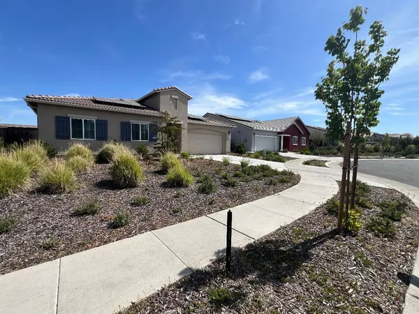 a view of a house with a yard and large tree