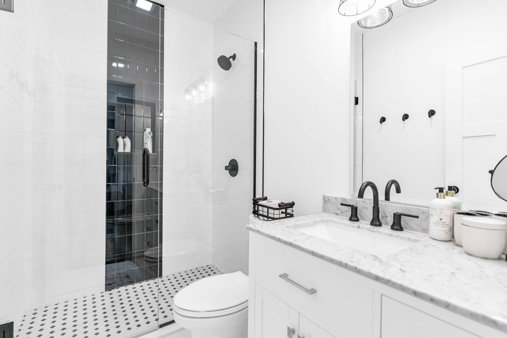 703 Cherokee Hill Road Hiawassee, GA 30546 - Photo 15 of 23 a bathroom with a granite countertop sink a toilet and shower