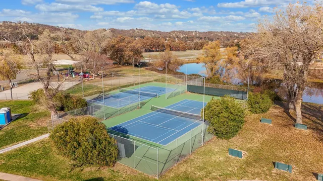 a view of a lake with a terrace