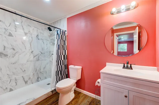 a kitchen with a refrigerator and countertop