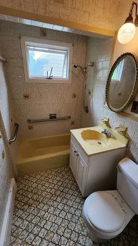 a bathroom with a sink mirror vanity and toilet