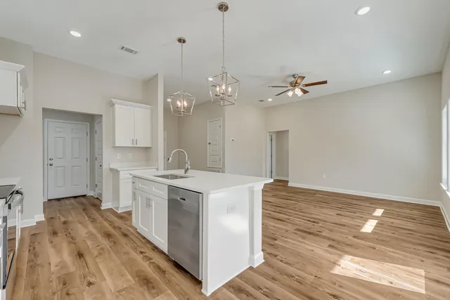 a view of a kitchen with sink and dishwasher with wooden floor