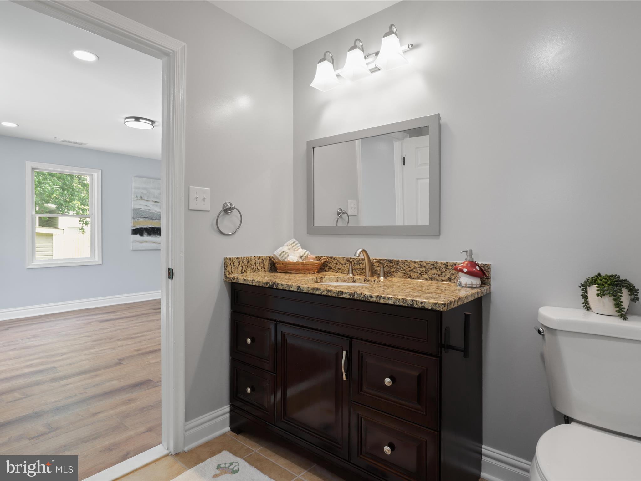 8211 Hocking Place Alexandria, VA 22309 - Photo 19 of 45 a bathroom with a granite countertop toilet sink and mirror