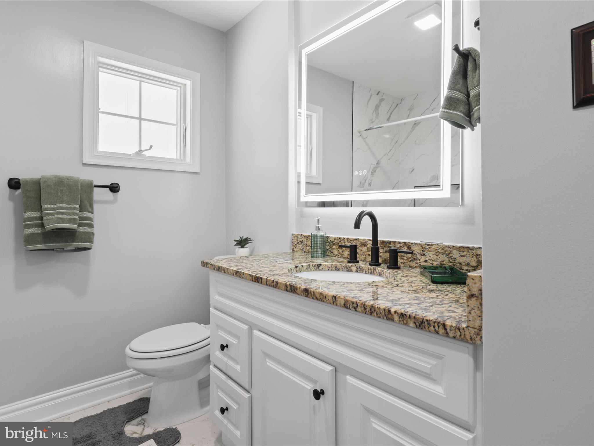 8211 Hocking Place Alexandria, VA 22309 - Photo 24 of 45 a bathroom with a granite countertop toilet sink and mirror