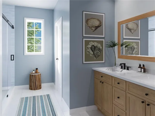 a hallway with a window and dresser