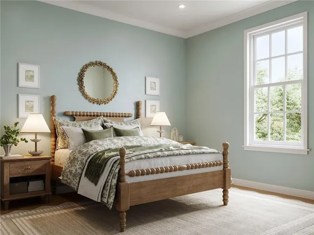 a bedroom with bed and wooden floor