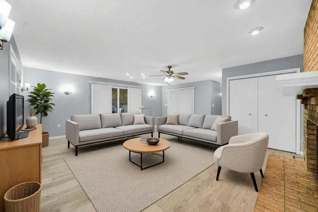 a living room with furniture and a potted plant