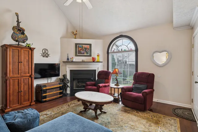 a living room with furniture a rug and a fireplace