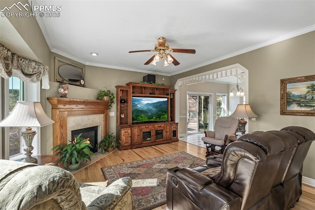 5440 Setters Way Colorado Springs, CO 80919 - Photo 20 of 40 a living room with furniture a fireplace and a flat screen tv