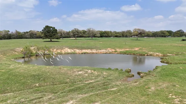 a view of a lake with houses in the back