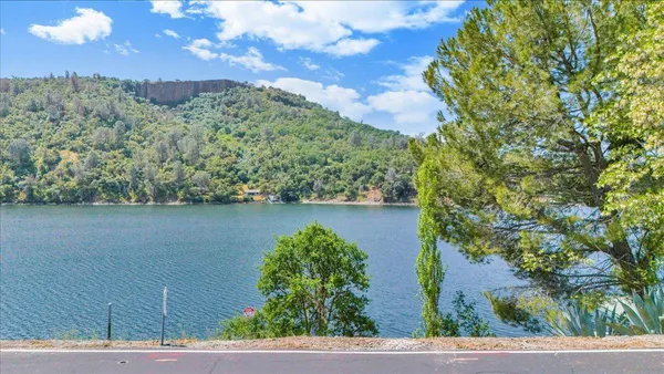 an aerial view of a residential houses with outdoor space and trees in the back