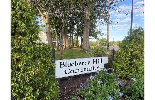 a view of a sign under a tree