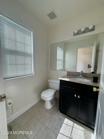 a bathroom with a sink vanity and a toilet