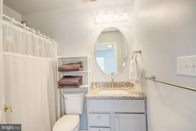 a bathroom with a granite countertop sink toilet and a mirror