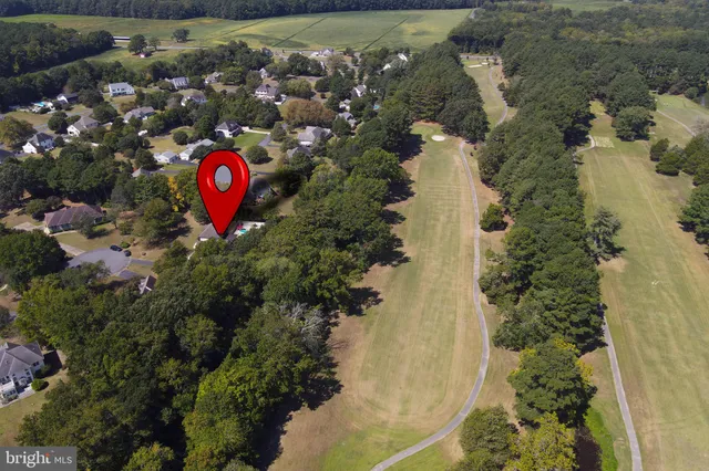 an aerial view of a house with a garden and statue